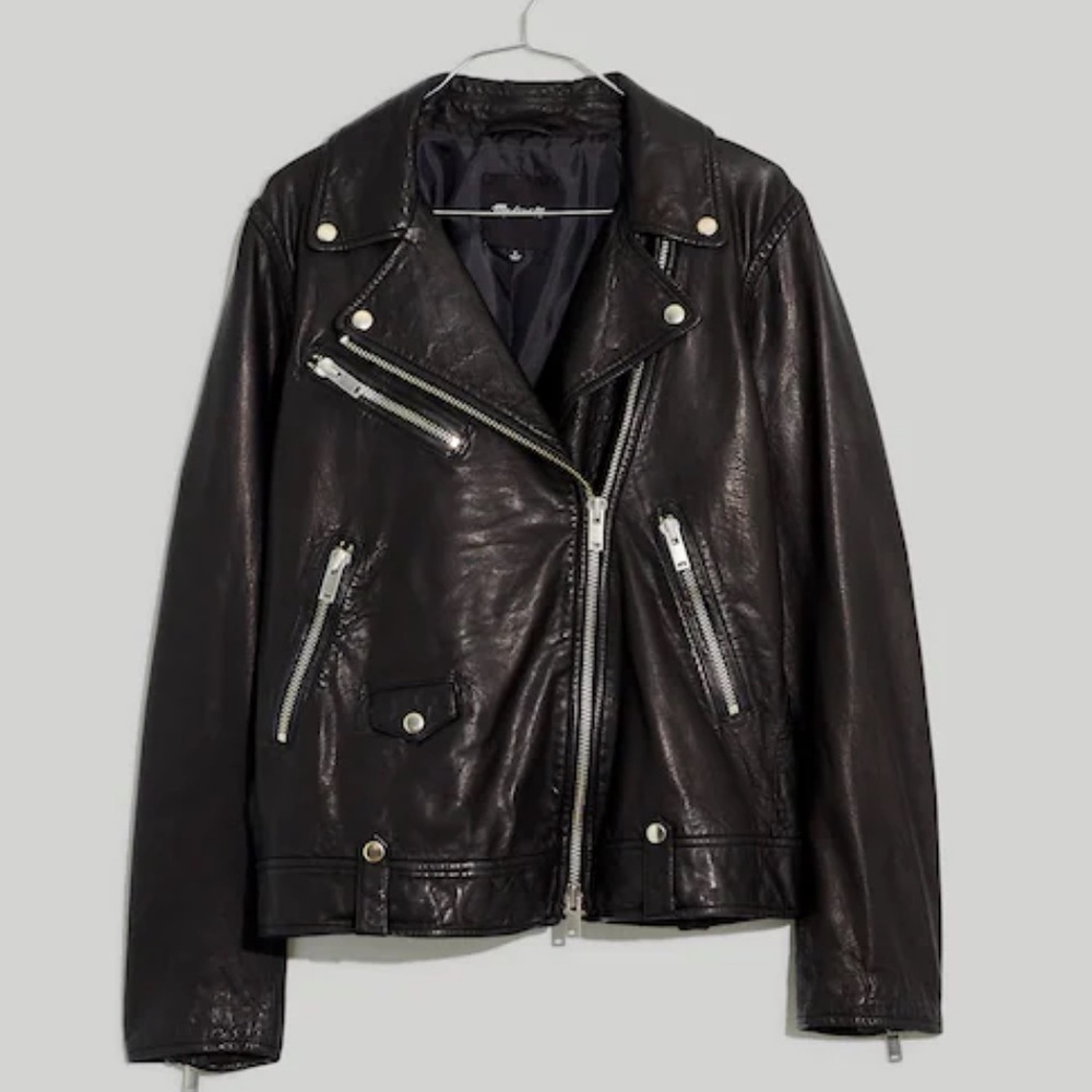 Madewell Washed Leather Oversized Motorcycle Jacket, Black, XS